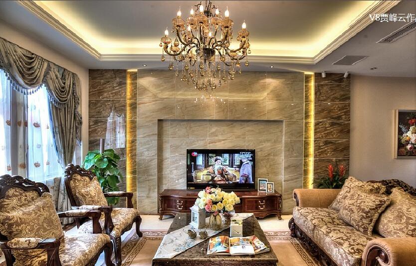 抚顺天通春光印象奢华欧式客厅金色蜡烛吊灯新风客厅欧式窗帘效果图